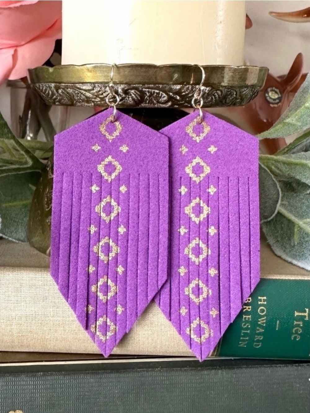 Purple Fringe Aztec Geometric Drop Earrings - Unbranded